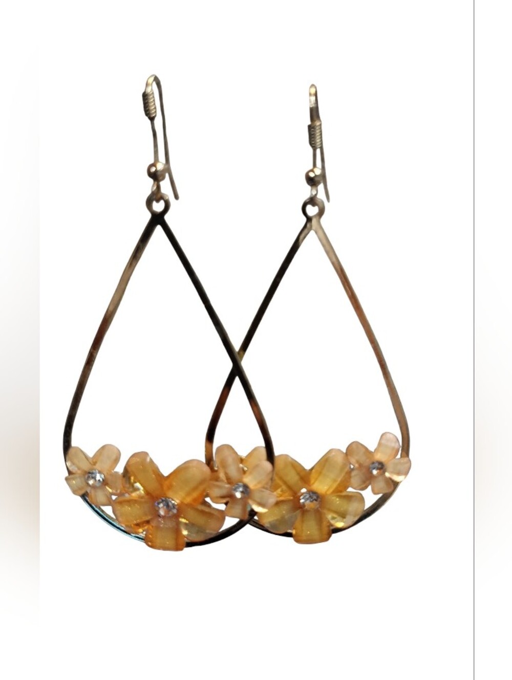 Gold Floral Drop Earrings with Crystal Centers